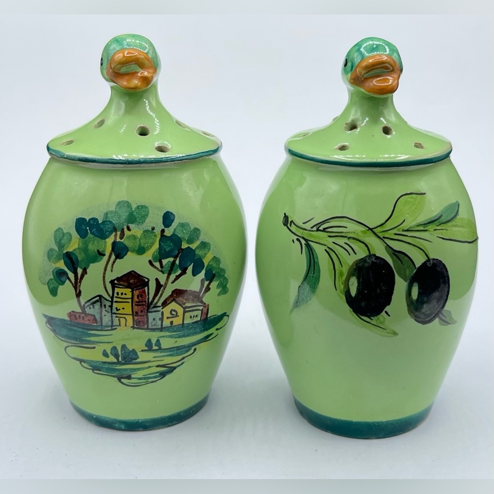Vintage Duck Salt & Pepper Shakers Green Ceramic Made In Italy Hand Painted 3.5”